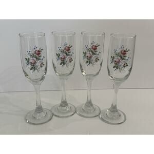 4 Vintage Elegant Floral Roses Wine Champagne Flute Glasses